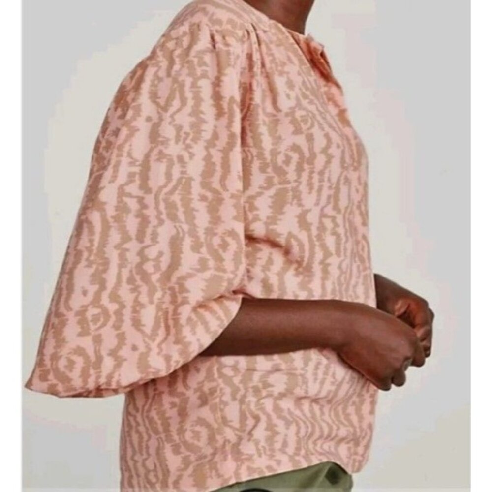 Elizabeth & James Womens Blouse XL Pink & Beige Abstract Print Balloon Sleeve